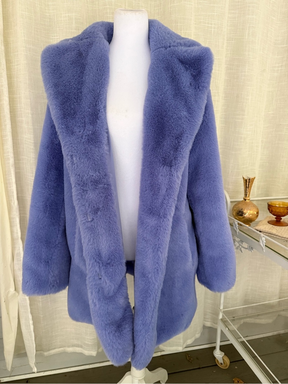 Donna Salyers Fabulous Furs Faux Fur Coat L Periwinkle Blue Plush Oversized